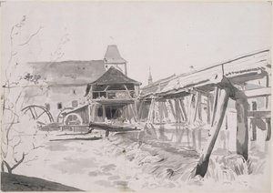 Holzbrücke mit Wehr und Wassermühle von Johann Christian Reinhart