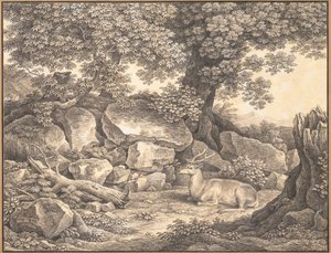 Italienische Landschaft mit Bäumen, Felsen und einem ruhenden Hirsch