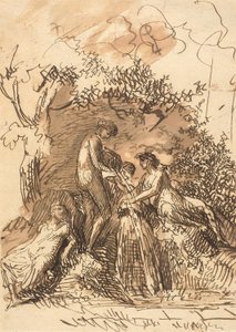 Junge Mädchen an einem Brunnen (recto); Fragment einer Skizze von Beinen (verso)