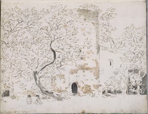Zwei Zeichner vor einer Burg hinter Bäumen: auf der Maienlust bei Wasungen von Johann Christian Reinhart