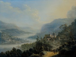 Weitläufige rheinische Landschaft mit Reisenden auf einer Straße bei einer Burg