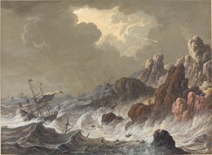Vom Sturm zertrümmerte Schiffe an einer felsigen Küste