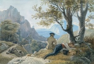 Rastende Künstler im Gebirge