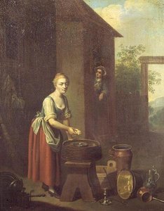 Eine Magd wäscht Geschirr in einem Hof von Johann Daniel Bager