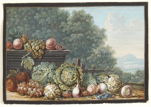 Ein Stillleben mit Gemüse und Früchten. Im Hintergrund Blick auf eine südliche Berglandschaft von Johann Dietzsch