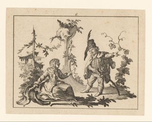 Zittende Frau mit einem stehenden Mann mit Pfeife auf einem Rokoko-Ornament von Johann Esaias Nilson