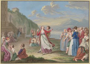 Italienische Landleute unterhalten sich am Seeufer mit Spiel und Tanz, im Hintergrund hohe Berge von Johann Friedrich August Tischbein