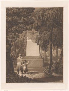 Mann mit einem Kind vor einem Denkmal für einen gefallenen Offizier