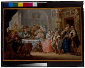 Innenraum mit eleganten Figuren in Maskenkostümen beim Festmahl