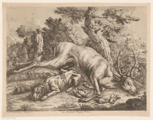 Jagdhund und Jagdbeute mit Hirsch und Vögeln