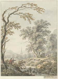Landschaft mit Wasserfall und in der Ferne eine Kirche