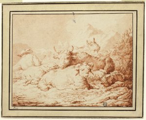 Rinder und Schafe mit Hirten in felsiger Landschaft