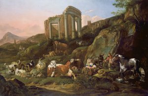 Bauernhoftiere in einer klassischen Landschaft, 1684 von Johann Heinrich Roos