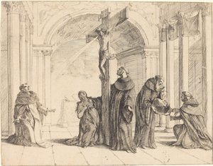 Ein Kruzifix in einer Kirche mit den Heiligen Thomas von Aquin, Maria Magdalena, Albertus Magnus und anderen