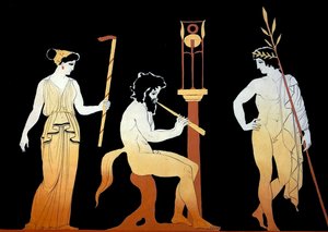 Teller zeigt einen gekrönten Spielgewinner, der einem Satyr beim Flötenspiel zuhört, ca. 1796