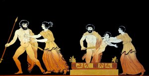 Klassische Szene, die Soldaten zeigt, die das Leben von Astyanax bedrohen, während seine Mutter Andromache versucht, ihn zu schützen.