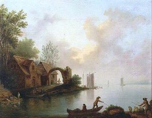 Bewaldete Flusslandschaft mit Bootsmännern