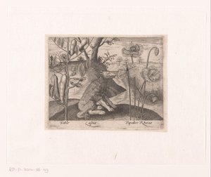 Serie von Drucken mit Blumen und Tieren in einer Landschaft