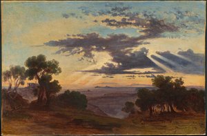 Sonne bricht durch Wolken über der römischen Campagna