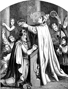 Die Krönung von Kaiser Karl dem Großen durch Papst Leo III. (Illustration aus der Geschichte des deutschen Volkes von E. Duller, 1840)