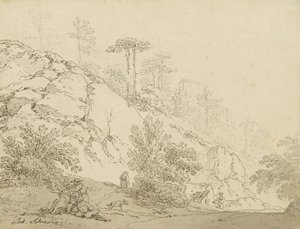 Bauern rastend in felsigem Gelände, Hintergrund Burg von Johann Josef Schindler