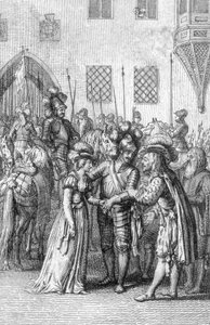 Kaiser Heinrich VII. von Luxemburg (1275-1313) trifft seine zukünftige Frau Margarete von Brabant (1276-1311), Tochter von Johann I., Herzog von Brabant und Margarita von Dampierre. von Johann Michael Mettenleiter