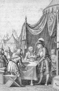 Kaiser Ludwig IV. (1282-1347) von Bayern mit seinen Offizieren in der Schlacht bei Mühldorf am 28. September 1322. Gravur von Johann Michael Mettenleiter