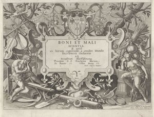 Ornamentaler Rahmen mit Adam und Eva (Geschichte der Familie Kains / Über gute und schlechte Werke) (Boni et mali scientia)