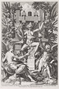 Bacchus auf einem Fass zwischen Amor und Musik
