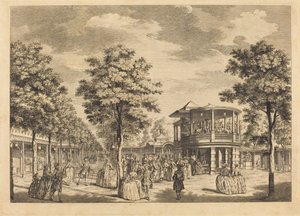 Vauxhall Gardens zeigt den großen Spaziergang am Eingang des Gartens und das Orchester mit Musik von Johann Sebastian Müller after Samuel Wale