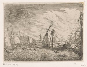 Hafenansicht mit Segelschiffen und Galeeren vor einer Stadtmauer von Johann Wilhelm Baur