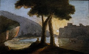 Sonnenuntergang über den römischen Ruinen. Anfang des 19. Jahrhunderts