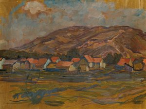 Landschaft mit Häusern und Berg