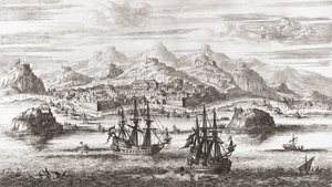 Niederländische Schiffe vor Maskat, Oman im 17. Jahrhundert (Druck)