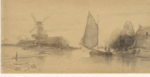Flussansicht mit Segelschiff