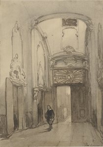 Rokokoportal im Rathaus in Den Haag mit einem Mann im Kostüm des 17. Jahrhunderts von Johannes Bosboom