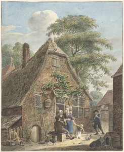 Familie vor einem Bauernhaus