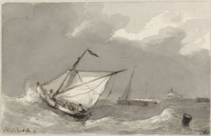 Fischerboot auf stürmischer See, mit einem Dorf in der Ferne von Johannes Christiaan Schotel