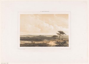 Heidelandschaft mit ruhendem Wanderer und Hirte mit Herde