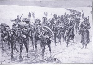 Japaner auf dem Marsch. Männer anstelle von Packponys, Illustration aus Cassells Geschichte des Russisch-Japanischen Krieges Band 1, ca. 1900 von Johannes Hermann Barend Koekkoek