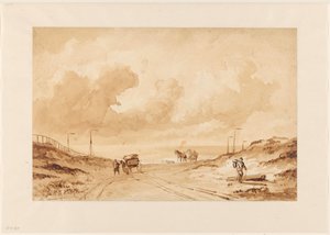 Landschaft mit Weg zwischen Dünen zum Meer
