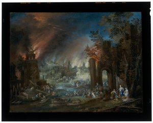 Landschaft mit Lot und seinen Töchtern und dem brennenden Sodom im Hintergrund