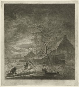 Nachtlandschaft mit Bauernhof und Schlittschuhläufern von Johannes Janson