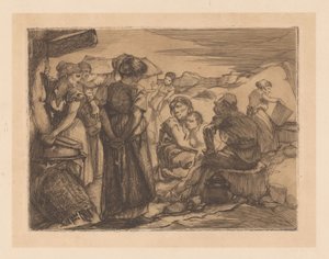 Mann, Frauen und Kind in hügeliger Landschaft