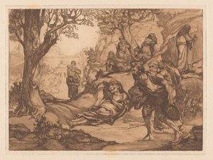 Männer, Frauen und Kinder in hügeliger Landschaft von Johannes Josephus Aarts