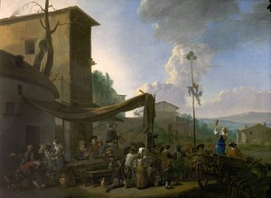Dorffest, Bauern feiern vor einem Gasthaus, frühe 1650er