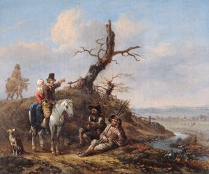 Landschaft mit reisenden Rastenden und Paar zu Pferd