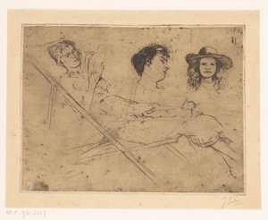 Studie einer Frau im Liegestuhl und zwei Köpfe von Johannes Löhr