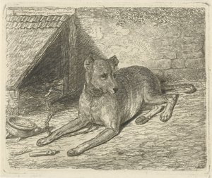 Hund an einer Kette bei einer Hundehütte