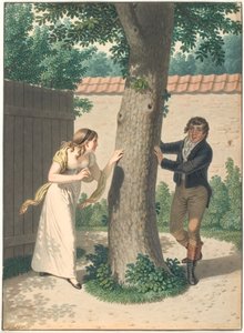 Junger Mann und Mädchen spielen Verstecken von Johannes Senn